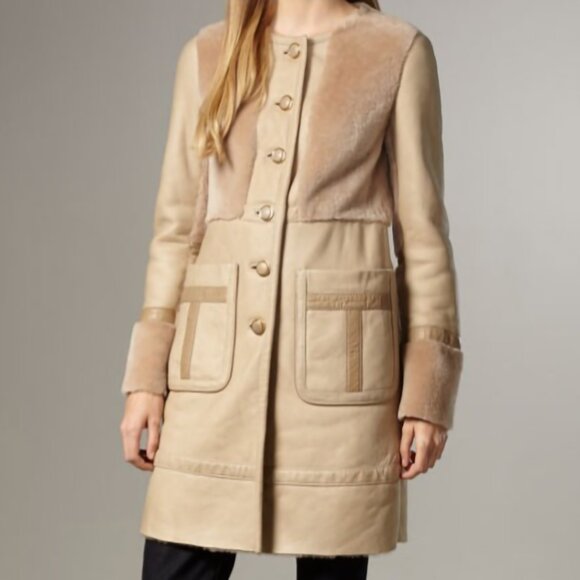 $2300 TORY BURCH Small 2/4 SHEARLING LAMB FUR Leather Bennett Coat MAX MARA - Picture 11 of 12